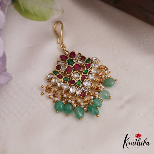 Classic Floral Motifs Kemp Maang Tikka With Green Bead Drops MT348