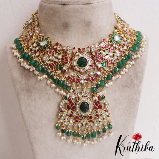Stunning Floral Peacock Motifs Guttapoosalu Jadau Necklace With Green Bead Drops NC2883