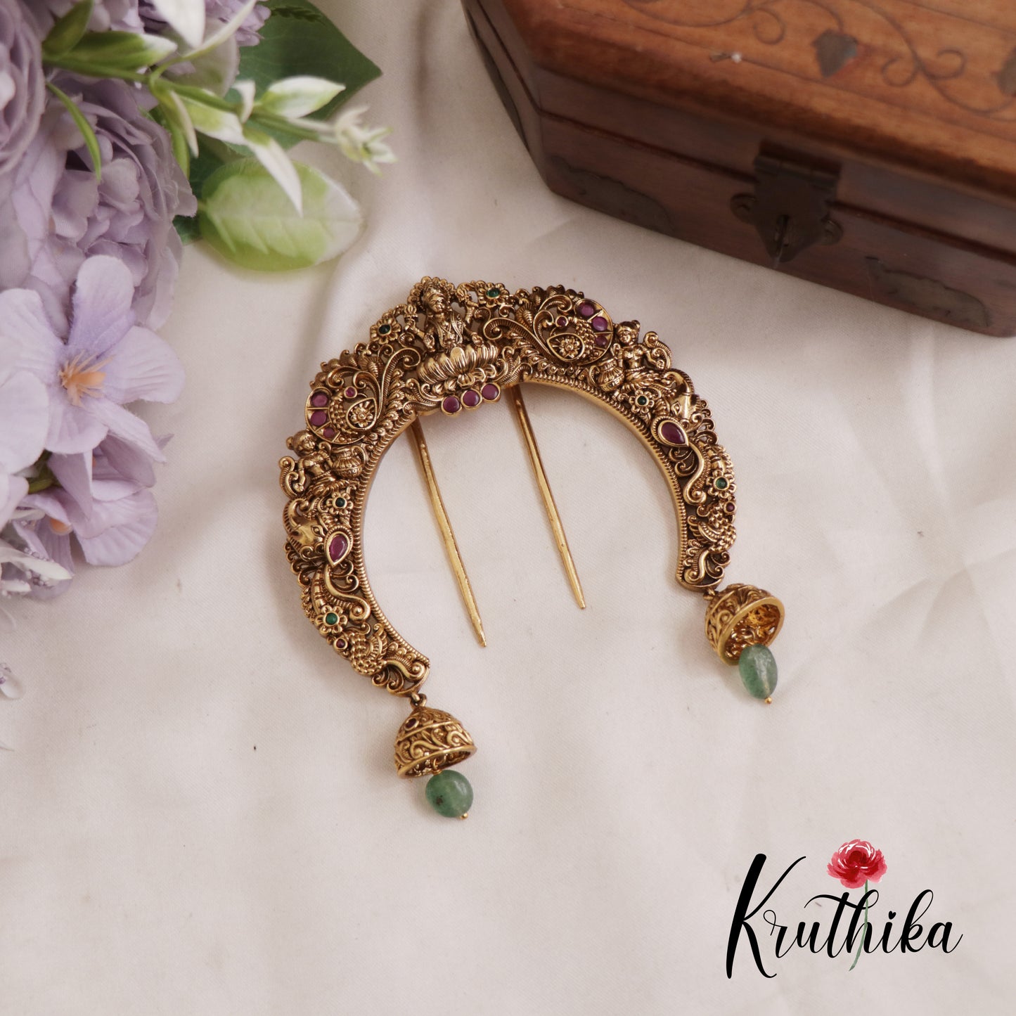 Gorgeous Kemp Antique Lakshmi Peacock Motifs Jada Billa With Jhumka Bead Drops J295