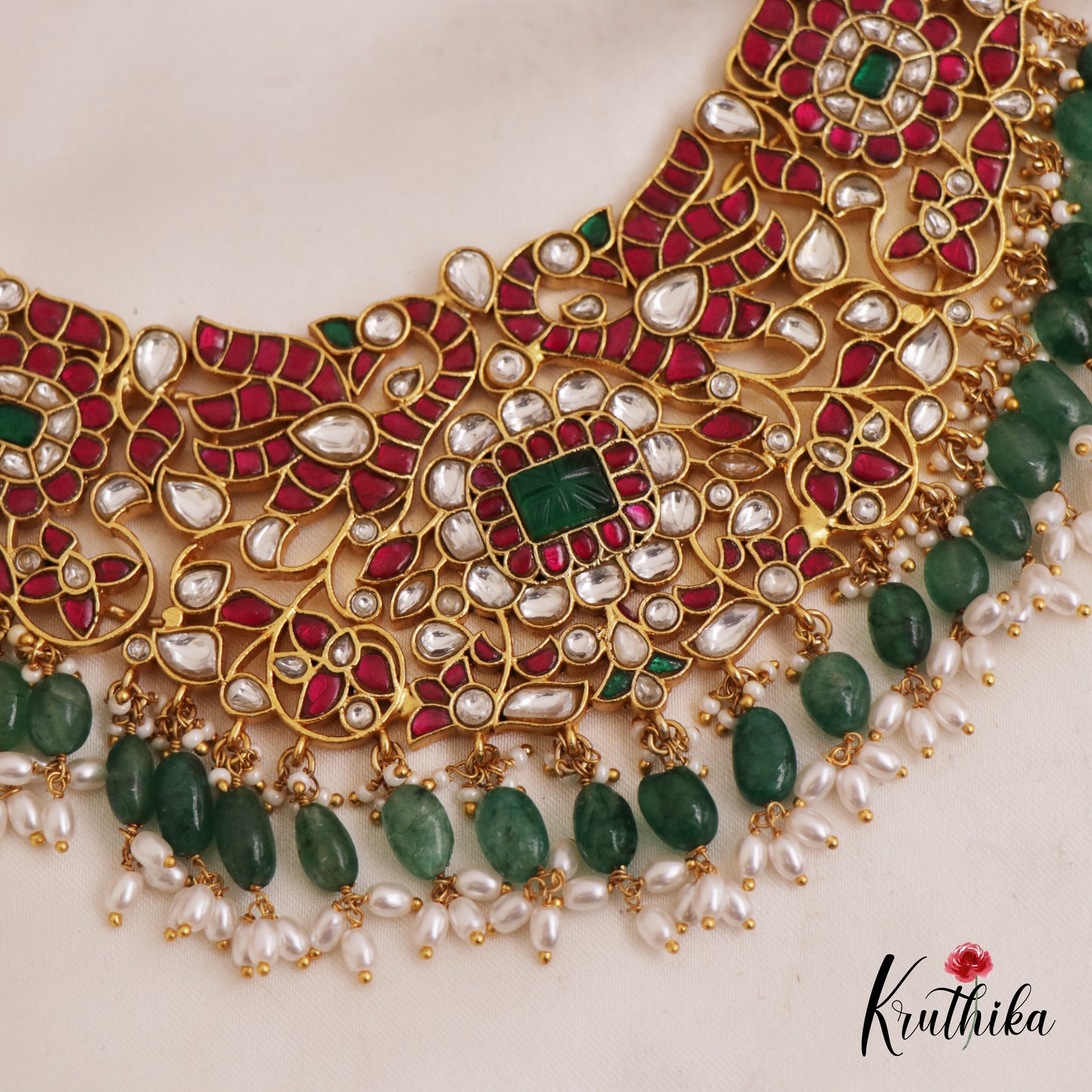 Gorgeous Floral Peacock Jadau Guttapoosalu Choker With Green Bead Drops NC2739