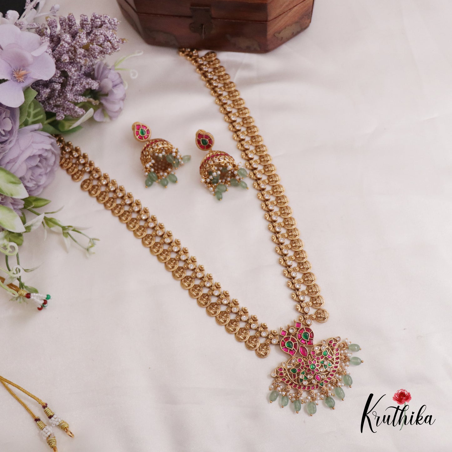 Elegant Jadau Peacock Kasu Haaram with Beads Drops LH1674 (Available in 2 Colours)