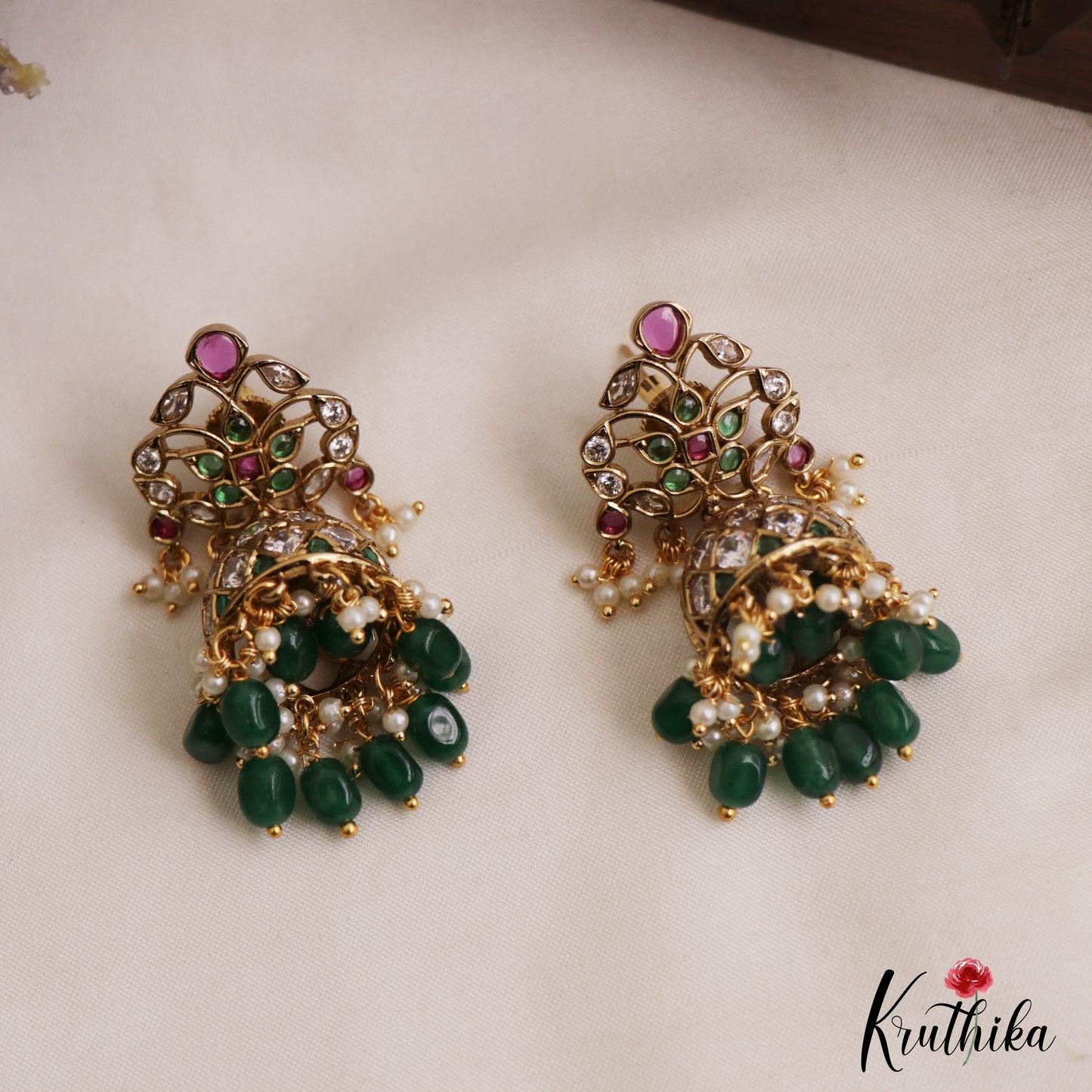 Classic Leaf Motifs Kemp Jhumkas With Pearl Bead Drops E1129 (Available In 2 Colors)
