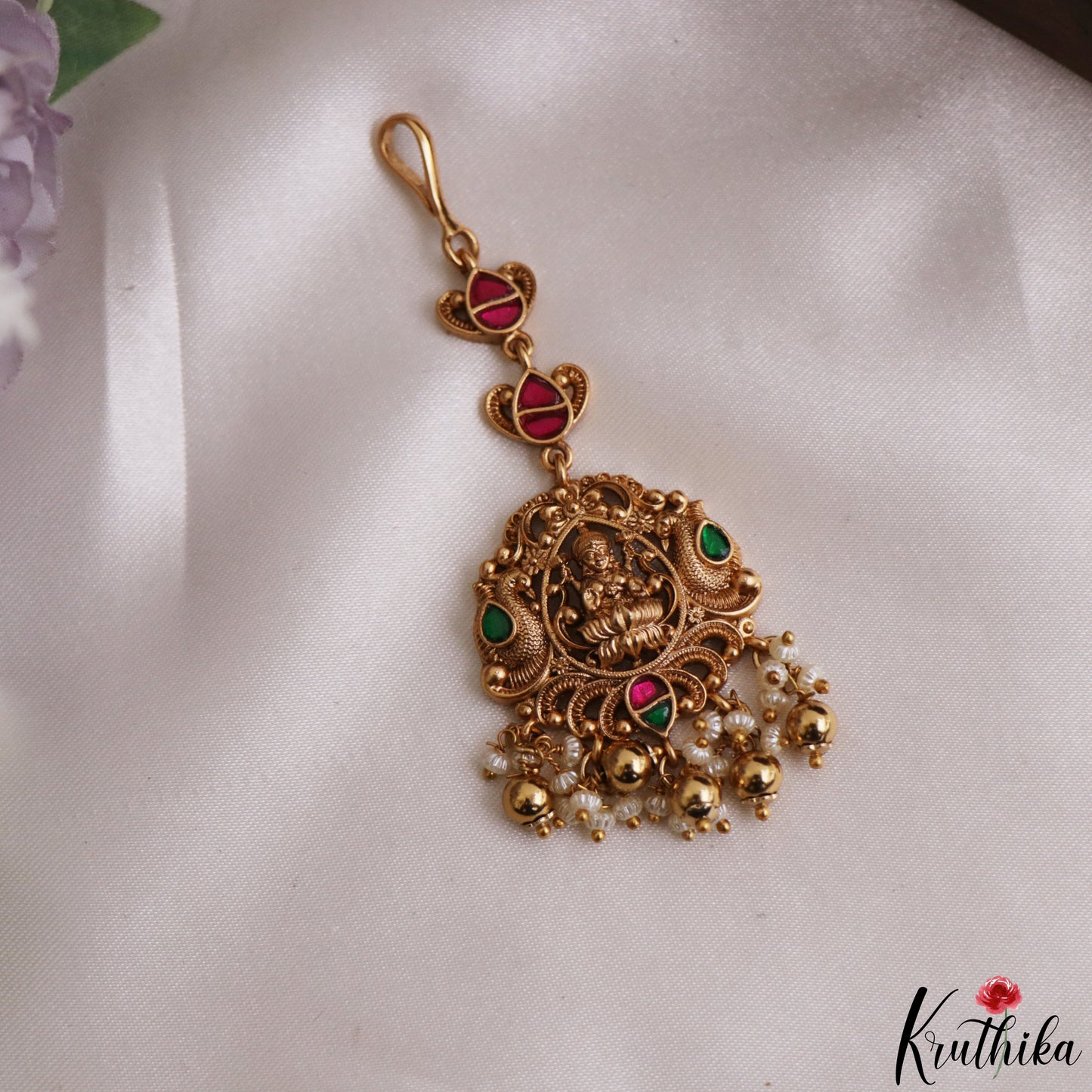 Classic Antique Lakshmi Peacock Motifs Jadau Maang Tikka With Pearl Bead Drops MT402 (Available In 4 Colors)