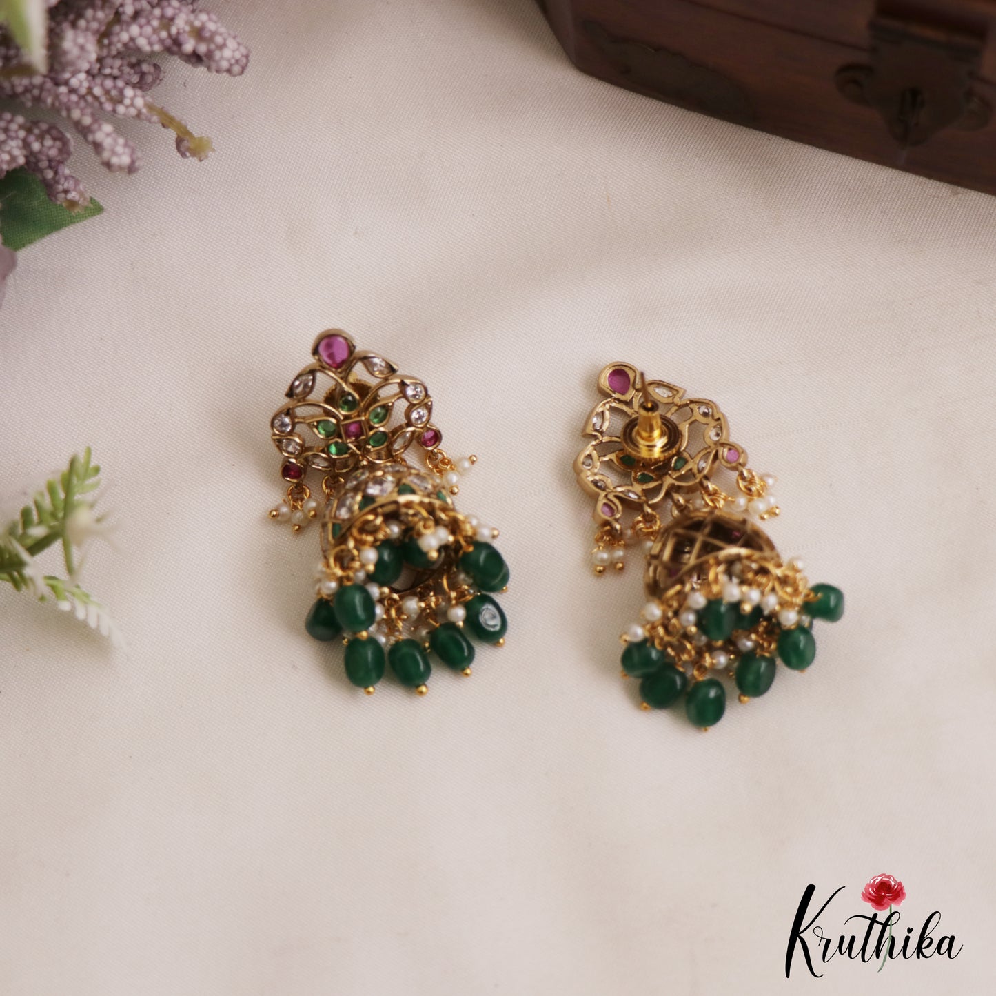 Classic Leaf Motifs Kemp Jhumkas With Pearl Bead Drops E1129 (Available In 2 Colors)