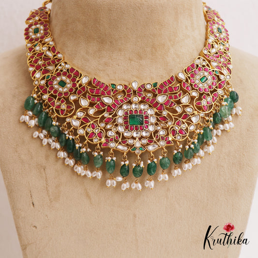 Gorgeous Floral Peacock Jadau Guttapoosalu Choker With Green Bead Drops NC2739