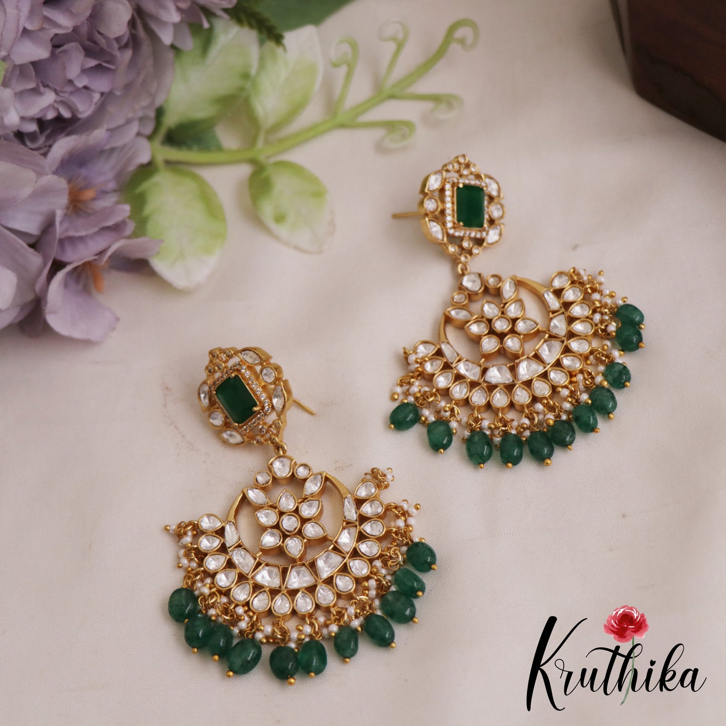 Sparkling Floral Chandbali Earrings With Green Bead Drops E1060