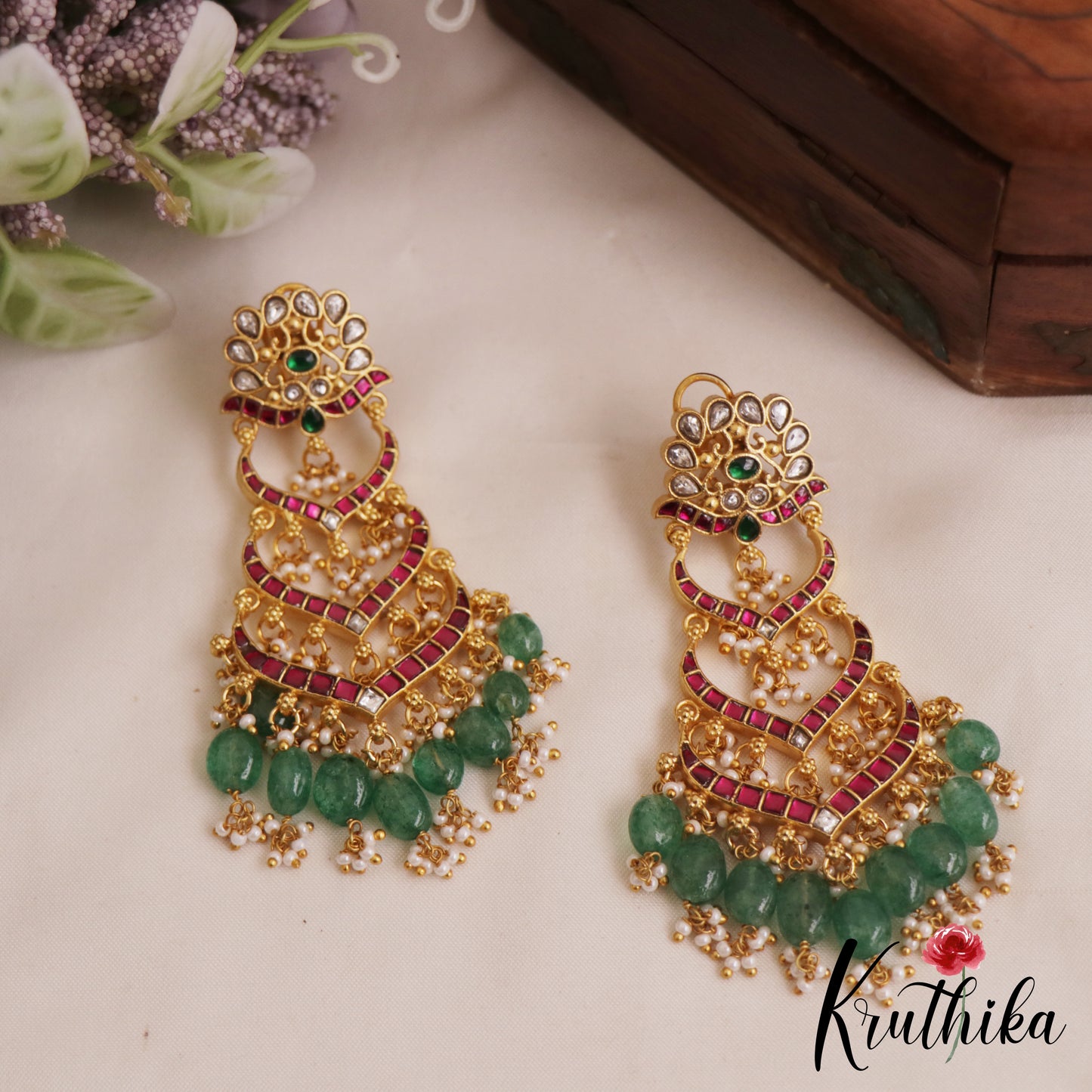 Gorgeous Teardrop Motifs Chandbali Jadau Earrings With Green Bead Drops  E1034