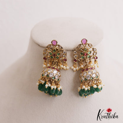 Classic Leaf Motifs Kemp Jhumkas With Pearl Bead Drops E1129 (Available In 2 Colors)