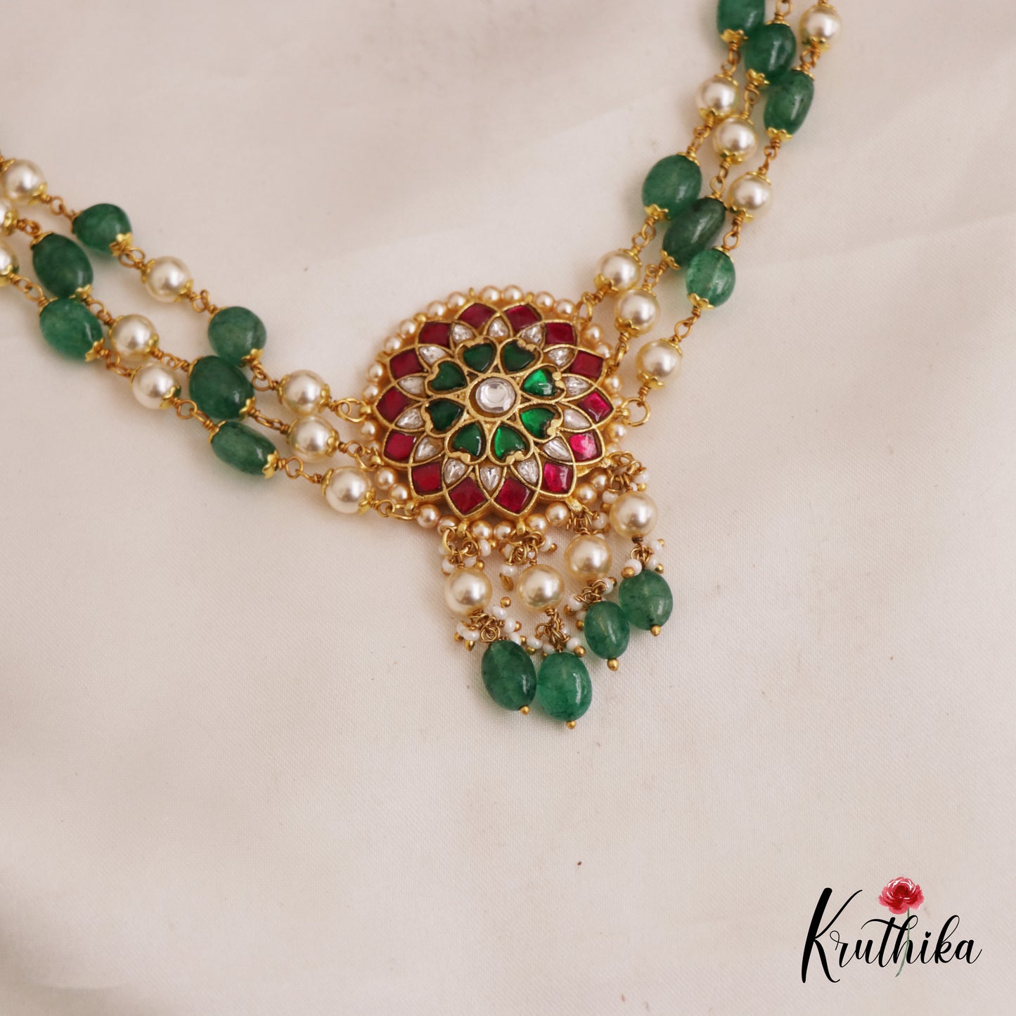 Stunning Floral Motifs Triple Strand Pearl Bead Chain Necklace NC2744