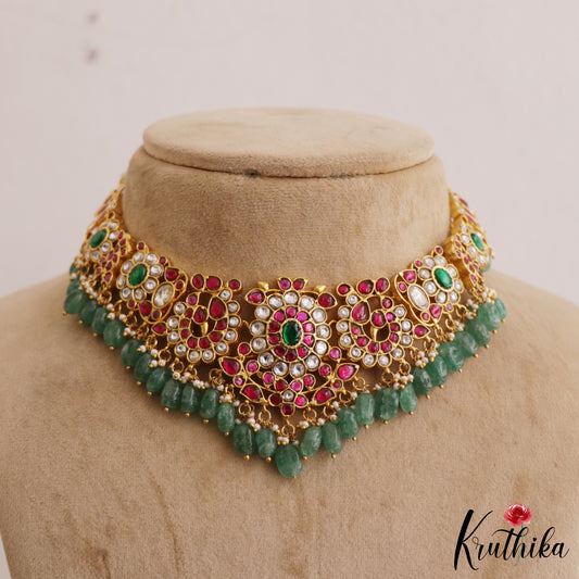 Stunning Floral Peacock Motifs Jadau Choker With Green Bead Drops NC2623