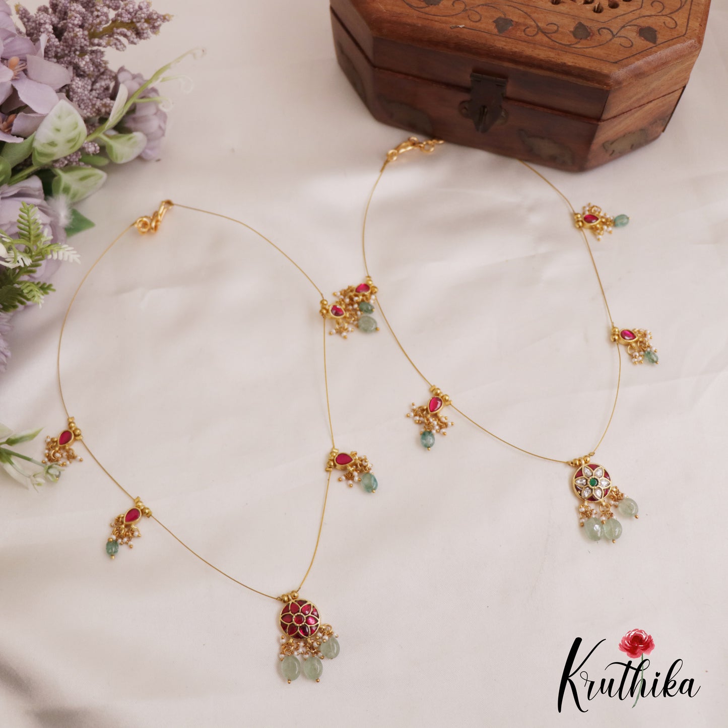 Elegant Floral Motifs Jadau Invisible Chain With Bead Drops NC2721 (Available In 2 Colors)