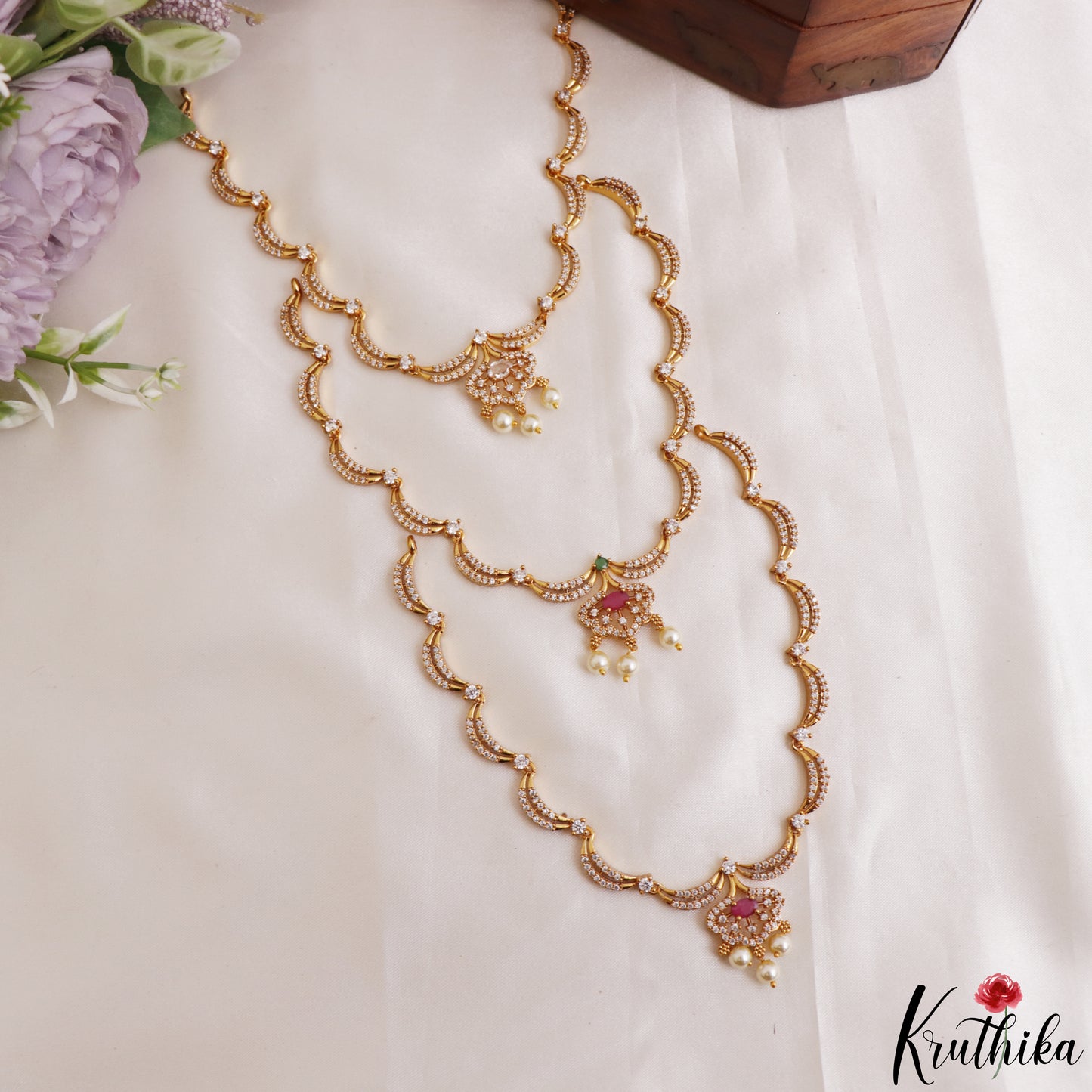 Elegant Floral Motifs CZ Victorian Necklace With Pearl Drops  NC3235 (Available In 4 Colors)