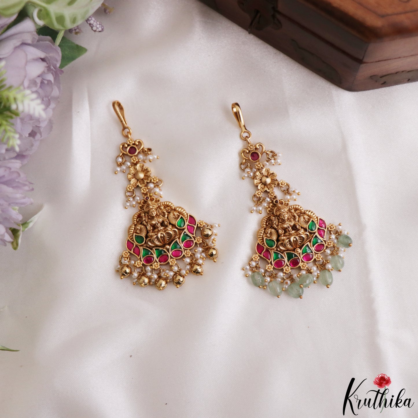 Trendy Antique Lakshmi Peacock Motifs Jadau Maang Tikka With Pearl Bead Drops MT405 (Available In 4 Colors)