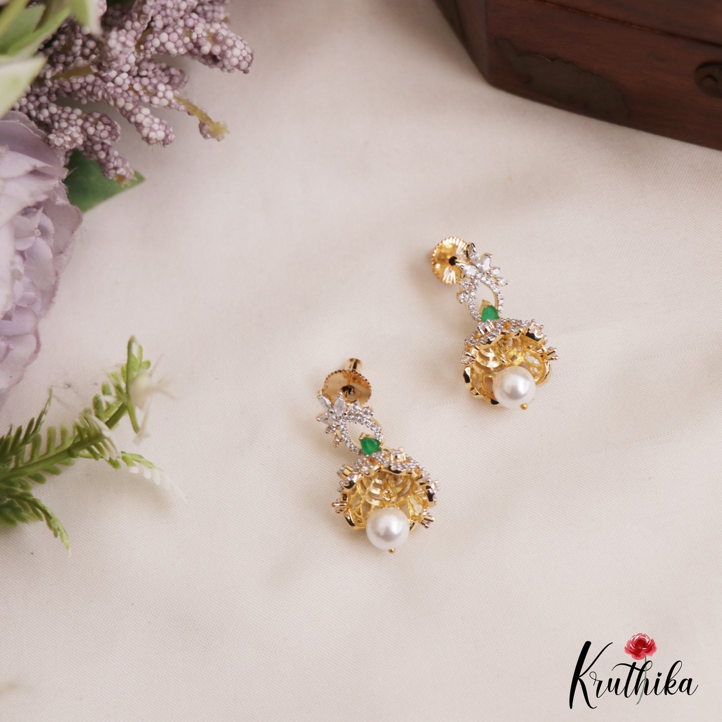 Pretty Floral Motifs CZ Jhumkas With Pearl Drop E1124 (Available In 2 Colors)