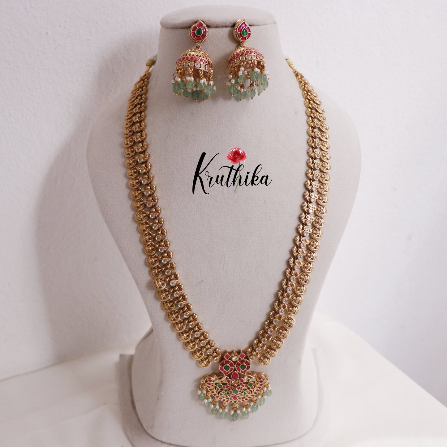 Elegant Jadau Peacock Kasu Haaram with Beads Drops LH1674 (Available in 2 Colours)