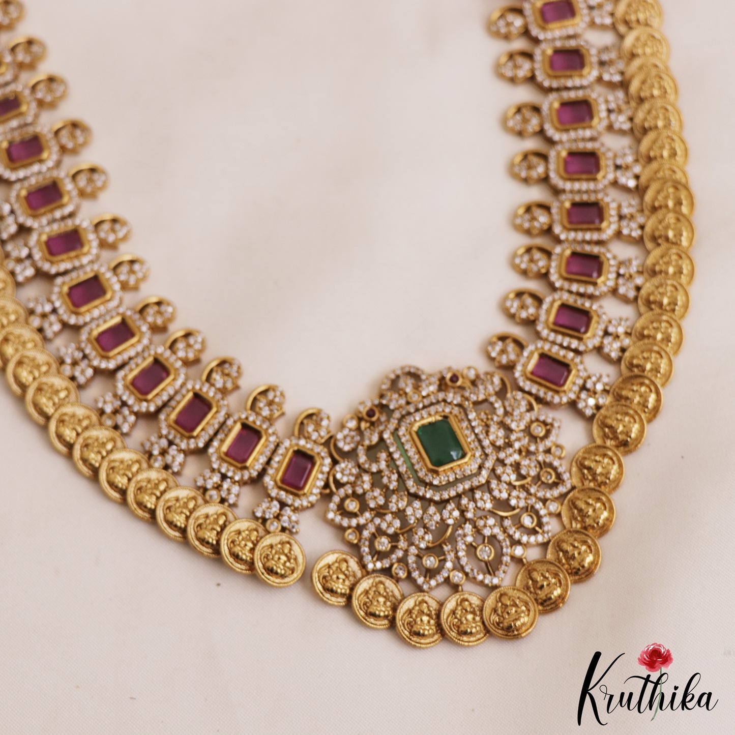 Gorgeous AD Peacock Square Motifs Jadau Kasu Haaram LH2068