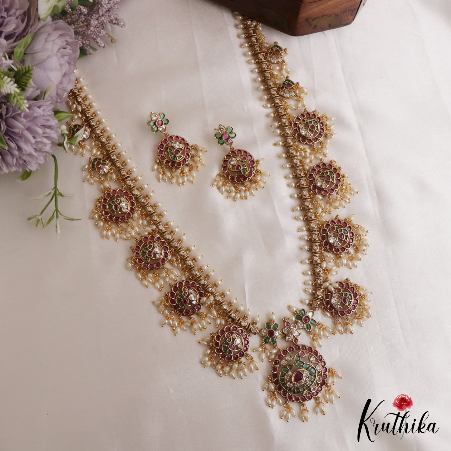 Stunning Peacock Floral Motifs Jadau Haaram With Rice Pearl Drops LH2162