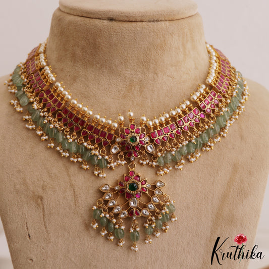 Premium Floral Motifs Jadau Necklace With Green Bead Drops NC2621