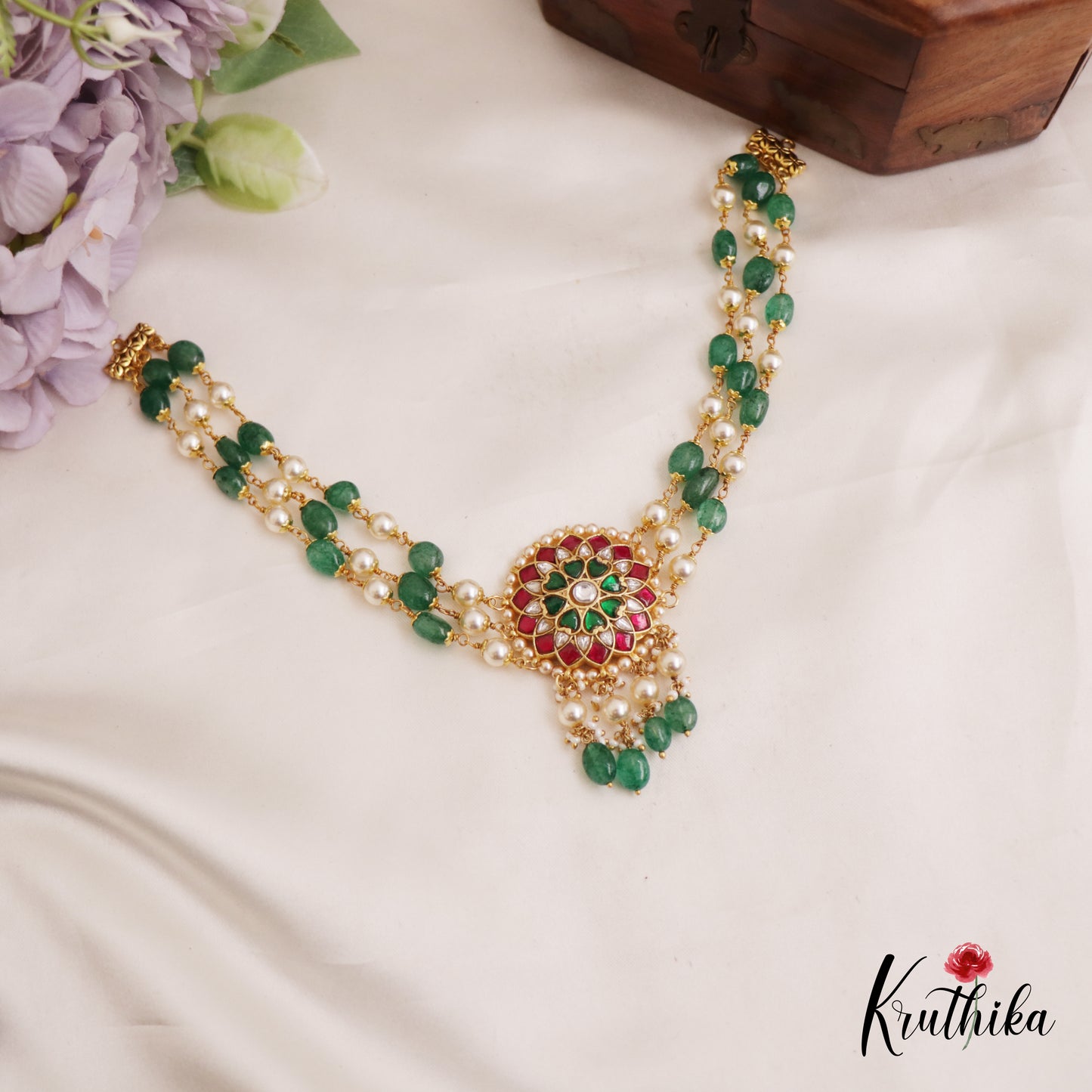 Stunning Floral Motifs Triple Strand Pearl Bead Chain Necklace NC2744