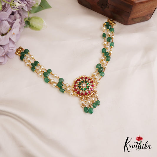 Stunning Floral Motifs Triple Strand Pearl Bead Chain Necklace NC2744