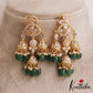 Sparkling Teardrop Motifs Chandelier AD Jhumka Earrings With Green Bead Drops E1038