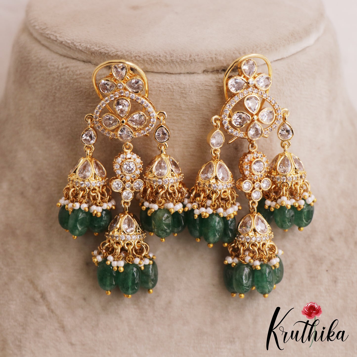Sparkling Teardrop Motifs Chandelier AD Jhumka Earrings With Green Bead Drops E1038