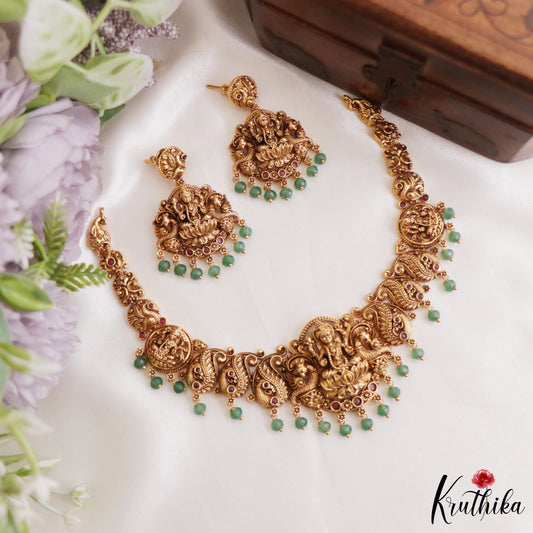 Elegant Lakshmi Nakshi Necklace with green bead drops NC3304