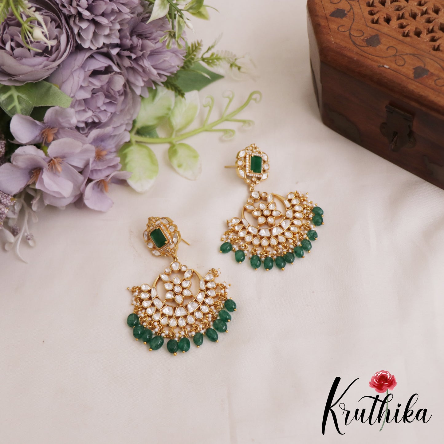 Sparkling Floral Chandbali Earrings With Green Bead Drops E1060