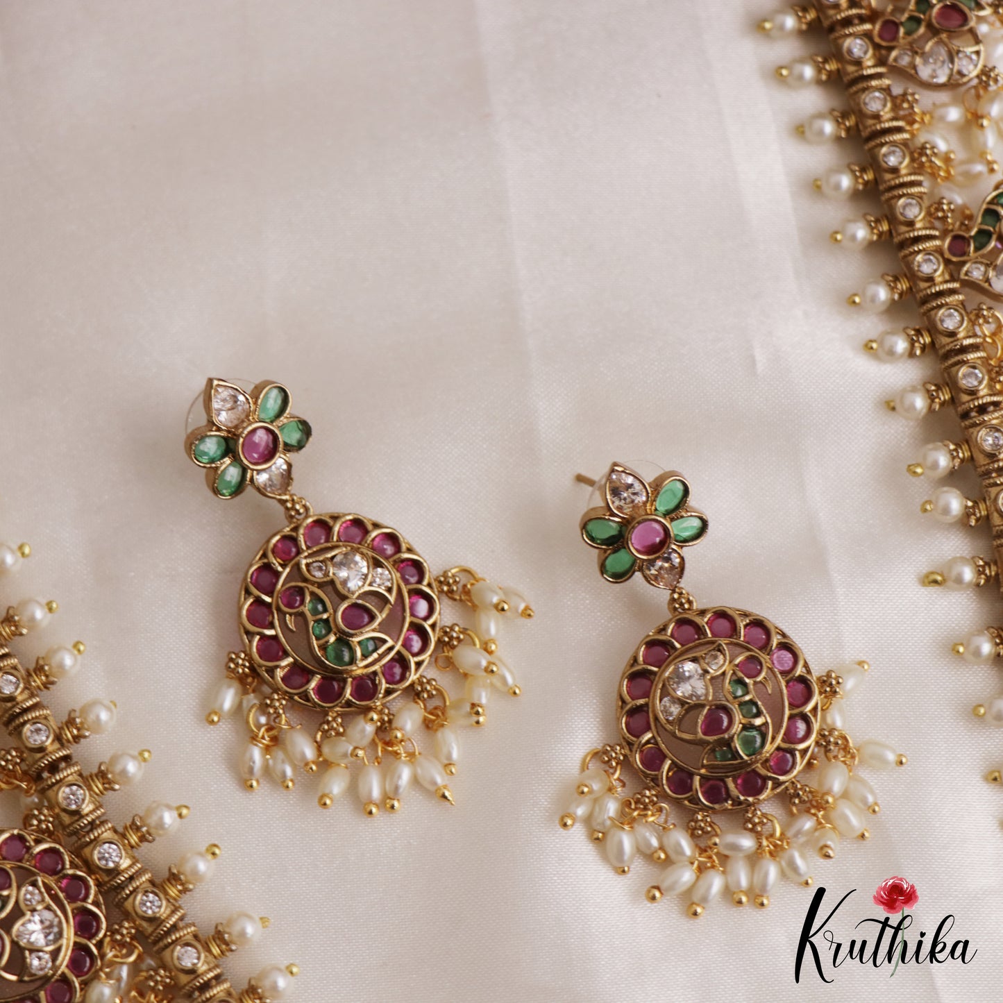 Stunning Peacock Floral Motifs Jadau Haaram With Rice Pearl Drops LH2162