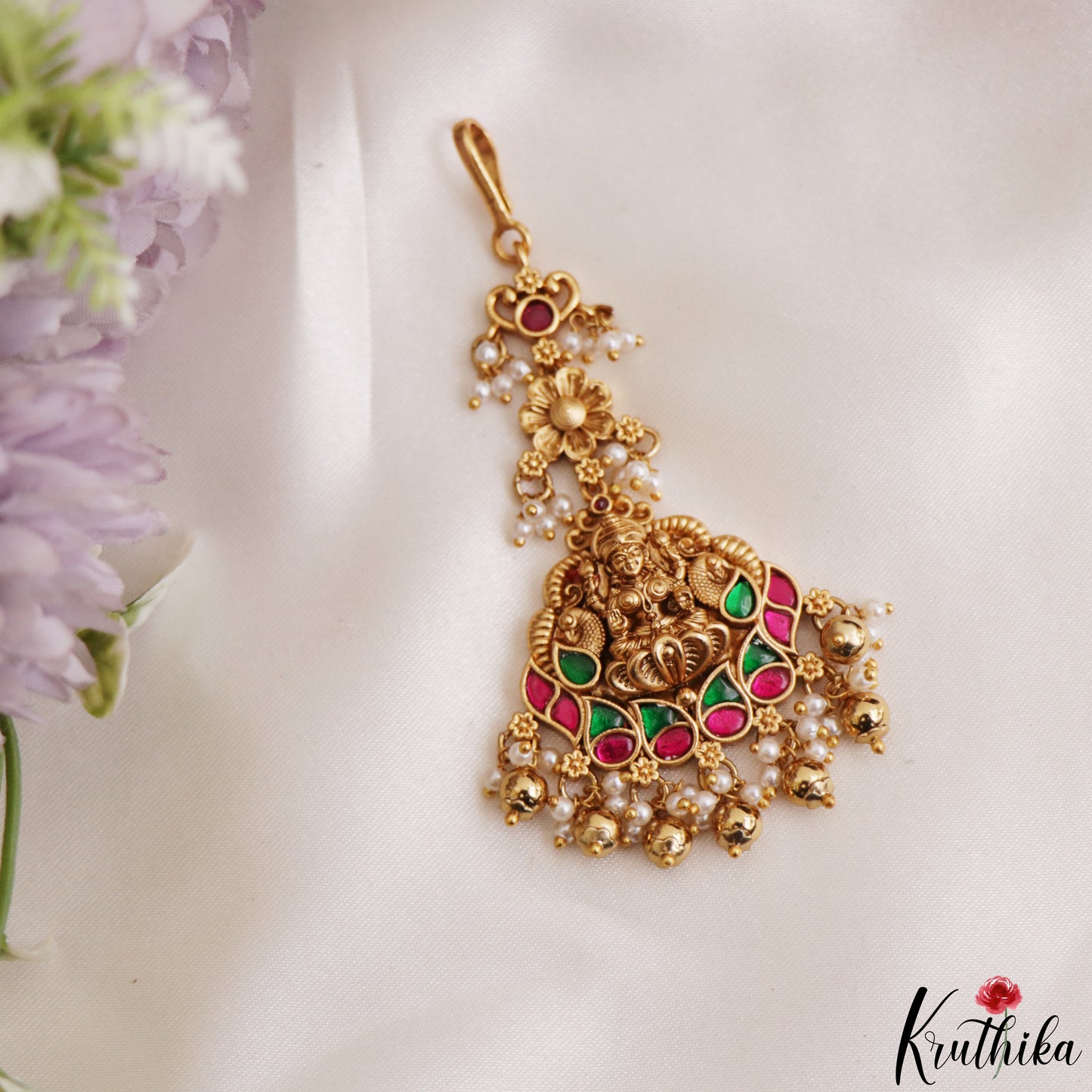 Trendy Antique Lakshmi Peacock Motifs Jadau Maang Tikka With Pearl Bead Drops MT405 (Available In 4 Colors)