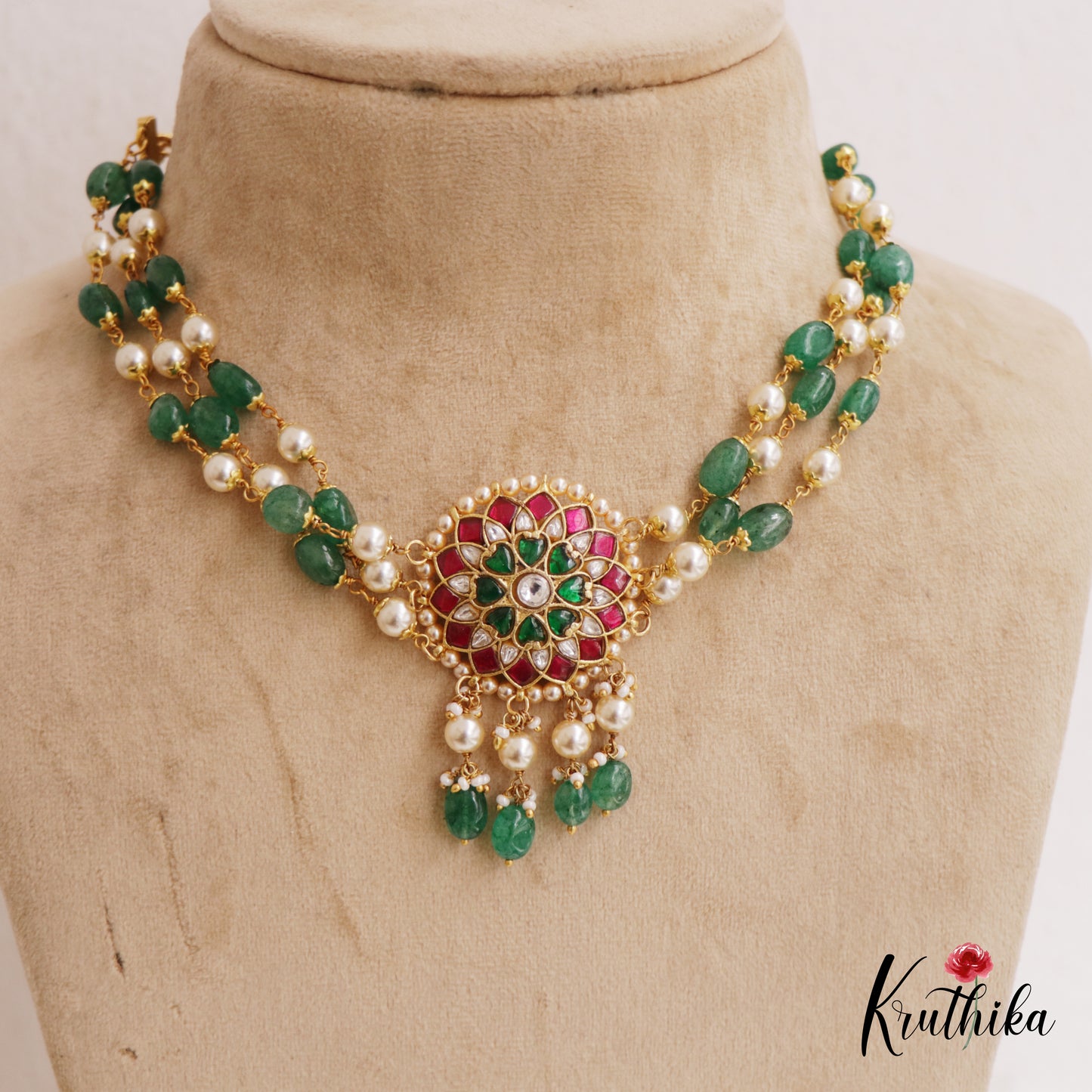 Stunning Floral Motifs Triple Strand Pearl Bead Chain Necklace NC2744