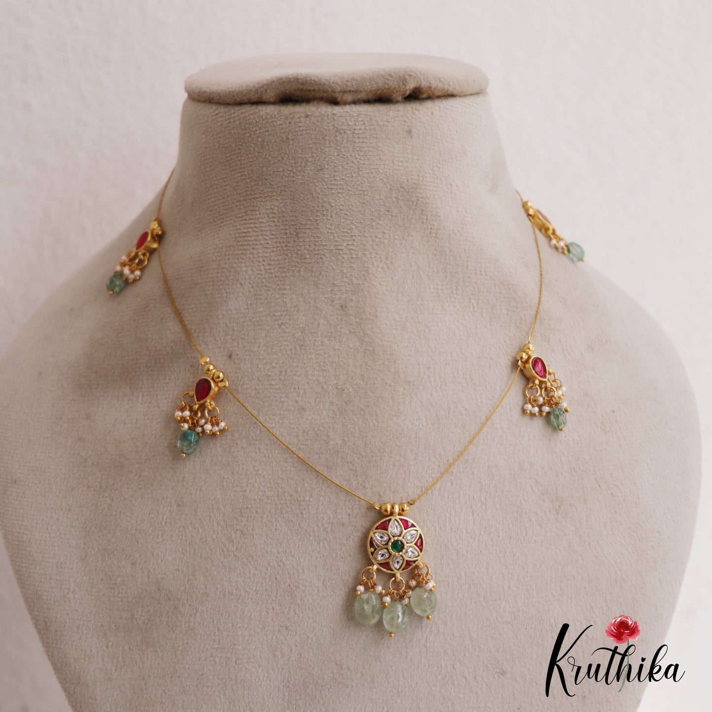 Elegant Floral Motifs Jadau Invisible Chain With Bead Drops NC2721 (Available In 2 Colors)