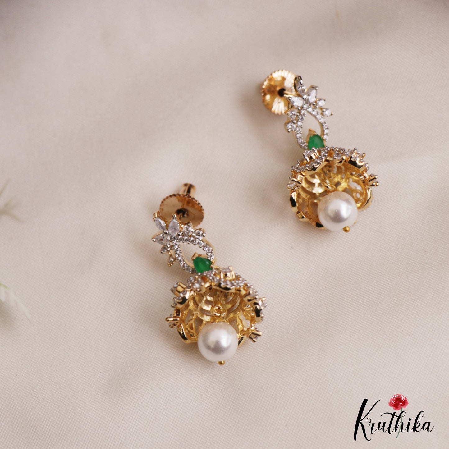 Pretty Floral Motifs CZ Jhumkas With Pearl Drop E1124 (Available In 2 Colors)
