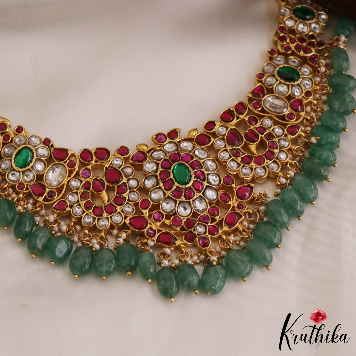 Stunning Floral Peacock Motifs Jadau Choker With Green Bead Drops NC2623
