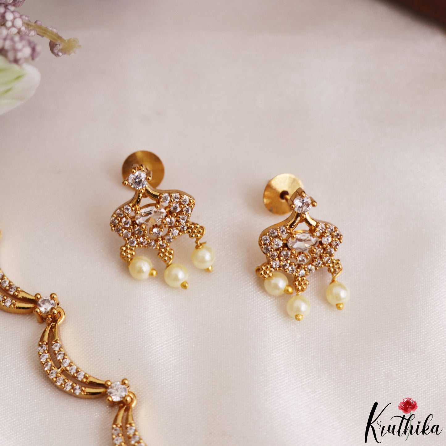 Elegant Floral Motifs CZ Victorian Necklace With Pearl Drops  NC3235 (Available In 4 Colors)