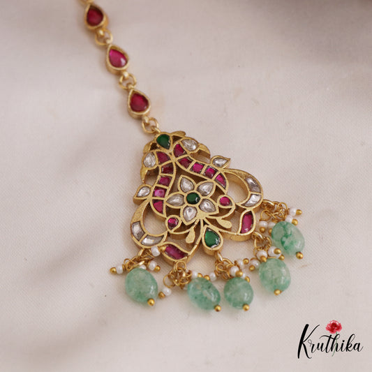 Elegant Floral Peacock Motifs Jadau Maang Tikka With Green Bead Drops MT356