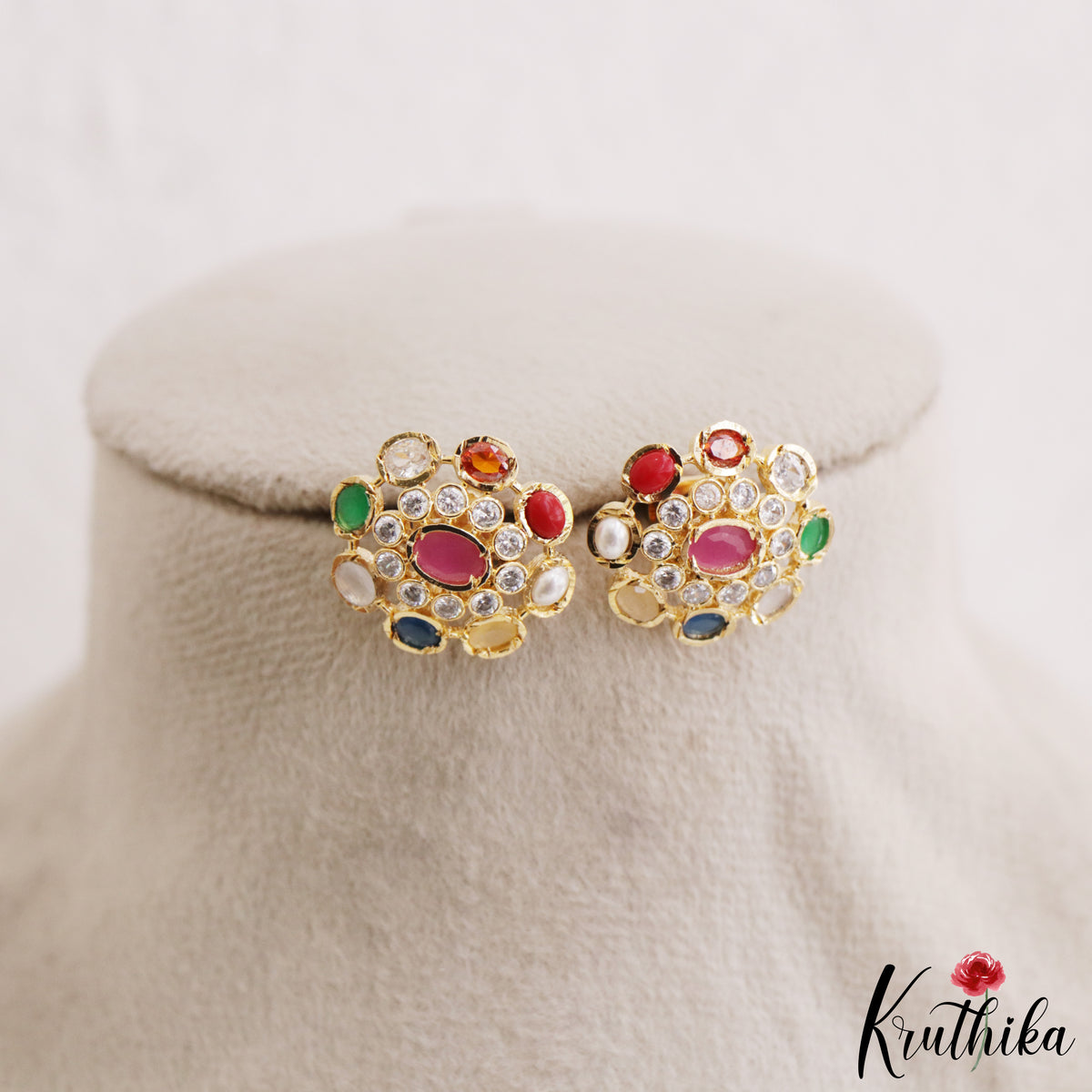 Designer Navratna Floral Earrings  E1234
