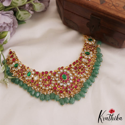 Stunning Floral Peacock Motifs Jadau Choker With Green Bead Drops NC2623