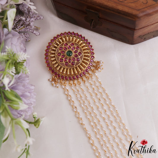 Elegant Floral Motifs Multi Pearl Strand Kemp Jada Billa With Green Bead Drops J419