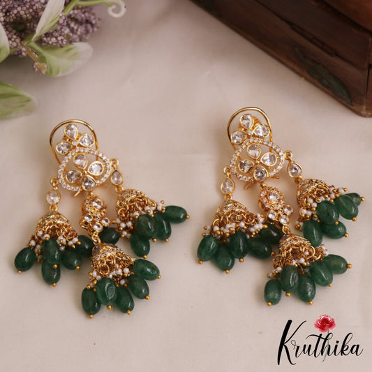 Sparkling Teardrop Motifs Chandelier AD Jhumka Earrings With Green Bead Drops E1038