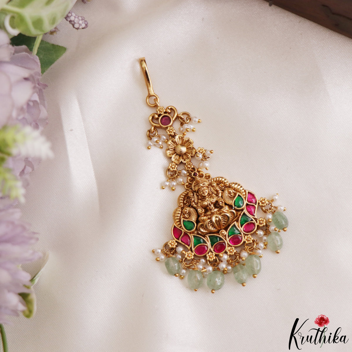 Trendy Antique Lakshmi Peacock Motifs Jadau Maang Tikka With Pearl Bead Drops MT405 (Available In 4 Colors)