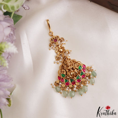 Trendy Antique Lakshmi Peacock Motifs Jadau Maang Tikka With Pearl Bead Drops MT405 (Available In 4 Colors)