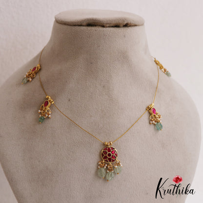 Elegant Floral Motifs Jadau Invisible Chain With Bead Drops NC2721 (Available In 2 Colors)