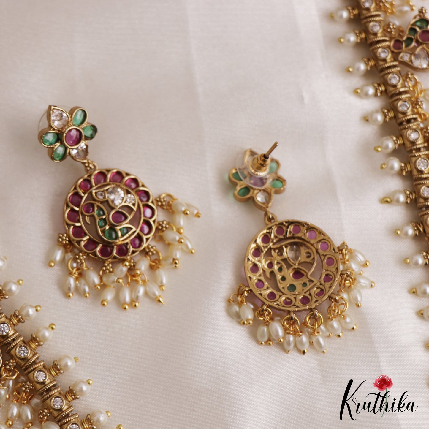 Stunning Peacock Floral Motifs Jadau Haaram With Rice Pearl Drops LH2162