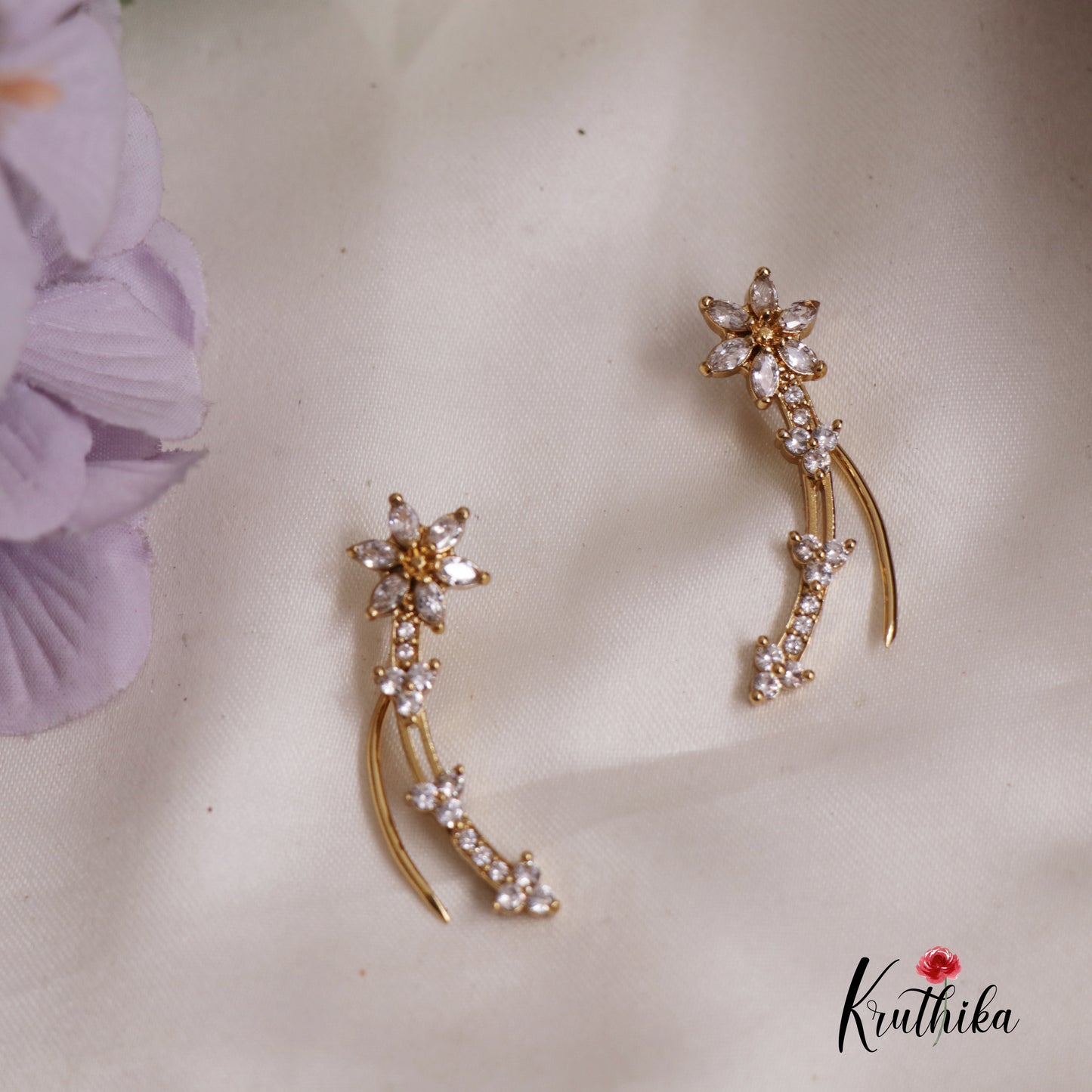 Beautiful Kemp Stone Floral Ear Climbers E7781 (Available In 3 Colours)