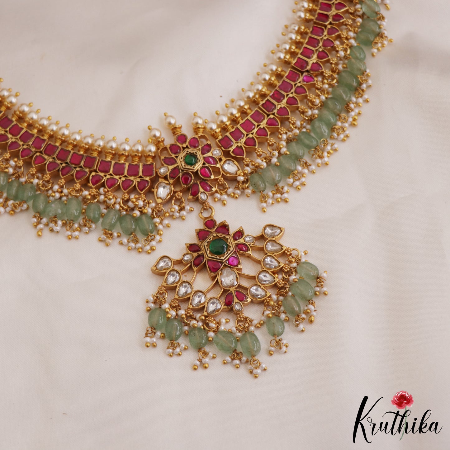 Premium Floral Motifs Jadau Necklace With Green Bead Drops NC2621