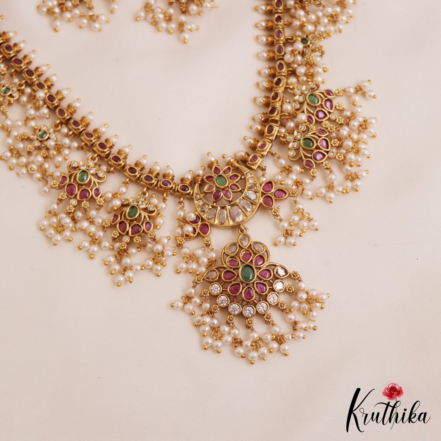 Elegant Floral Motifs Guttapoosalu Necklace With Pearl Drops NC2787