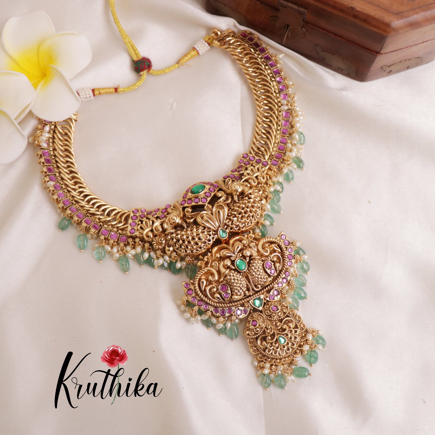 Royal Jadau peacock Jalebi style Necklace with mint beads NC1823