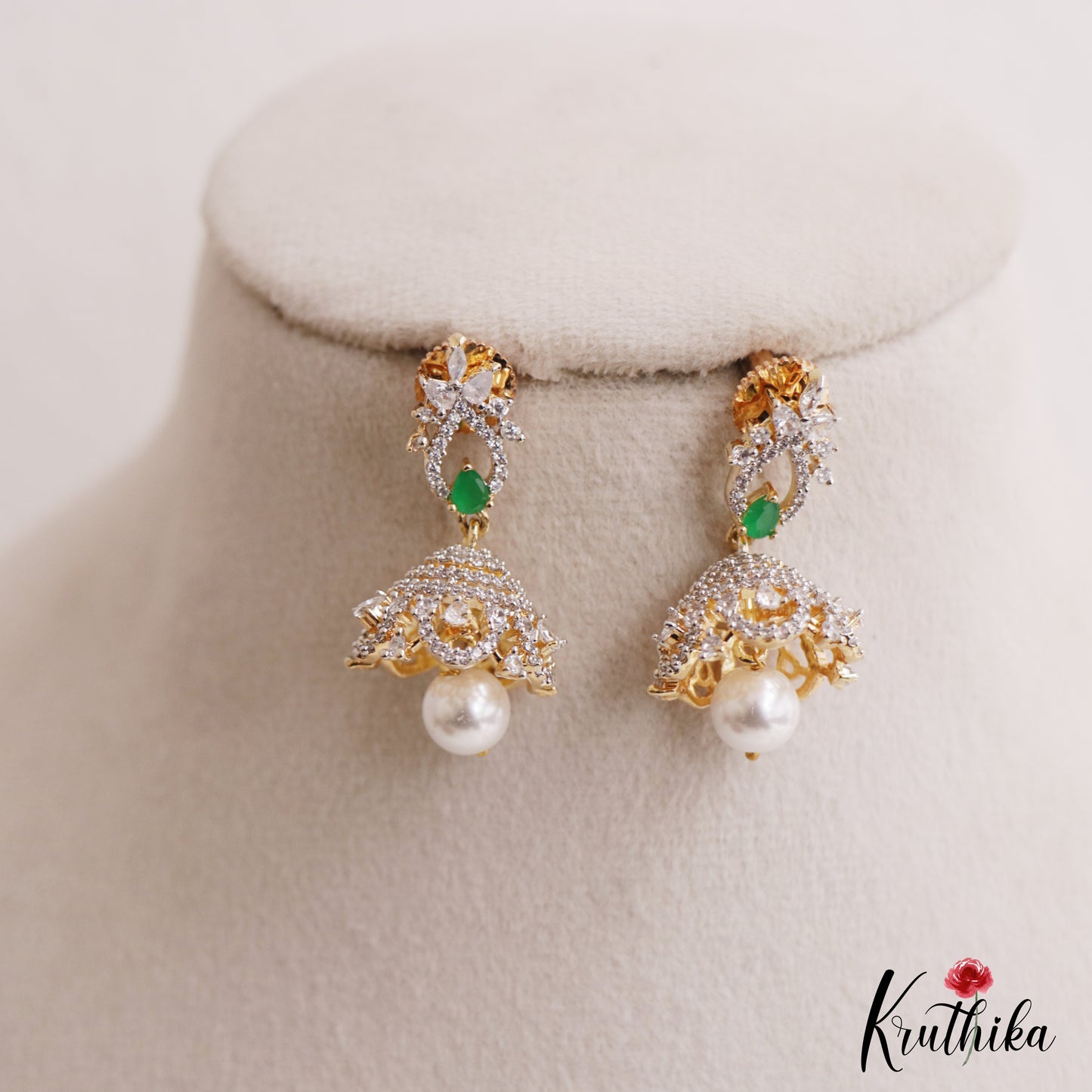 Pretty Floral Motifs CZ Jhumkas With Pearl Drop E1124 (Available In 2 Colors)