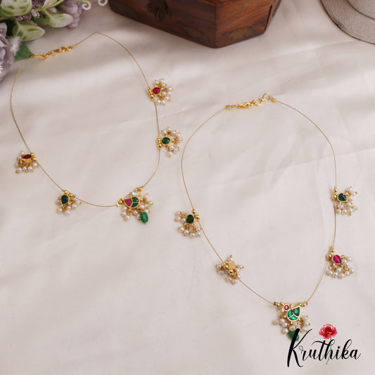 Pretty Teardrop Motifs Jadau Invisible Chain With Pearl Drops NC2720 (Available In 2 Colors)